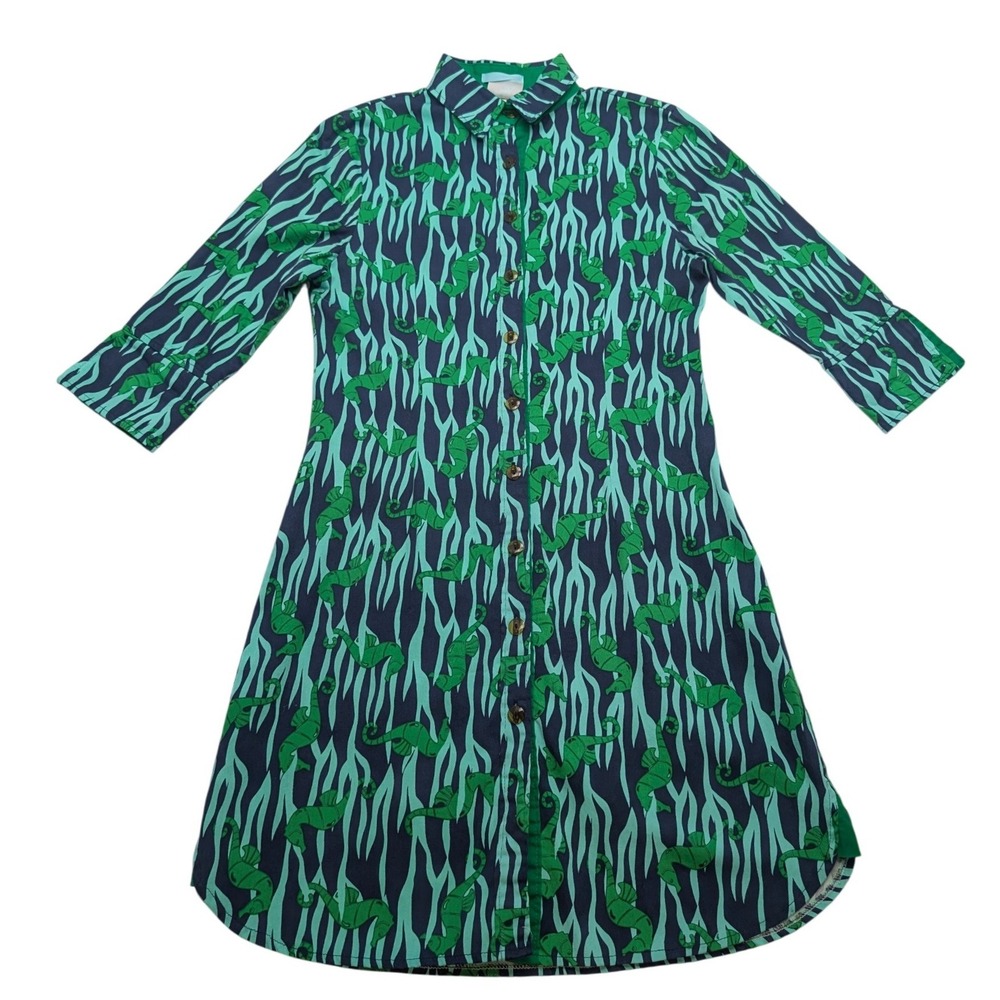 Haley & The Hound Seahorse Shirt Dress Womens M Green Navy Blue Belted
